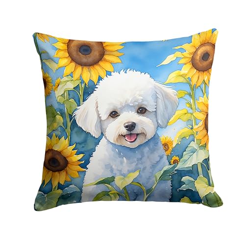 Caroline's Treasures in Sunflowers Throw Pillow, 18Hx18W, Bichon Frise 6027