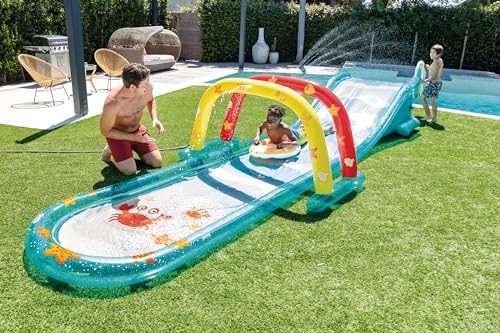 Image of INTEX Inflatable Surfing Fun Slide: Includes Two Inflatable Surf Riders - Built-in Water Sprayer - 221 inch x 54 inch x 39 inch - Ages 6+