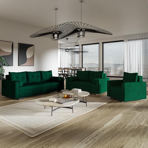 MOTIVENA Viena Sofagarnituren, 3 Sitzer Sofa mit Bettfunktion, Schlafsofa 215 cm Breit, Klappsofa mit Schlaffunktion, Bettsofa mit Schlaffunktion, Taschenfederkern (H3), Samt Sofa Grün (Dunkelgrün) – Bild 4