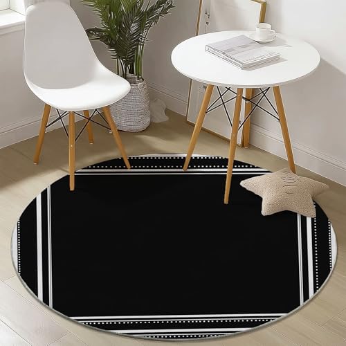 Black Machine Washable Round Area Rugs - Minimalism Lines Rectangular Frames Print Short Pile Soft Area Rug, 2ft Non-Slip Circle Carpet for Kitchen Entryway Living Room Decoration