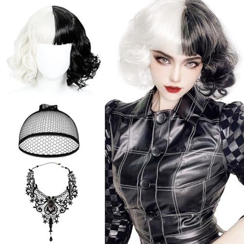 QJFHURB Peluca Cruella De Vil Mujer Pelucas Disfraz Peluca Cruella Devil Peluca Blanca y Negra Peluca Cruela Devil Cruella Wig Peluca De Cruella Negra y Blanca Con Collar y Redecilla De Encaje Negro