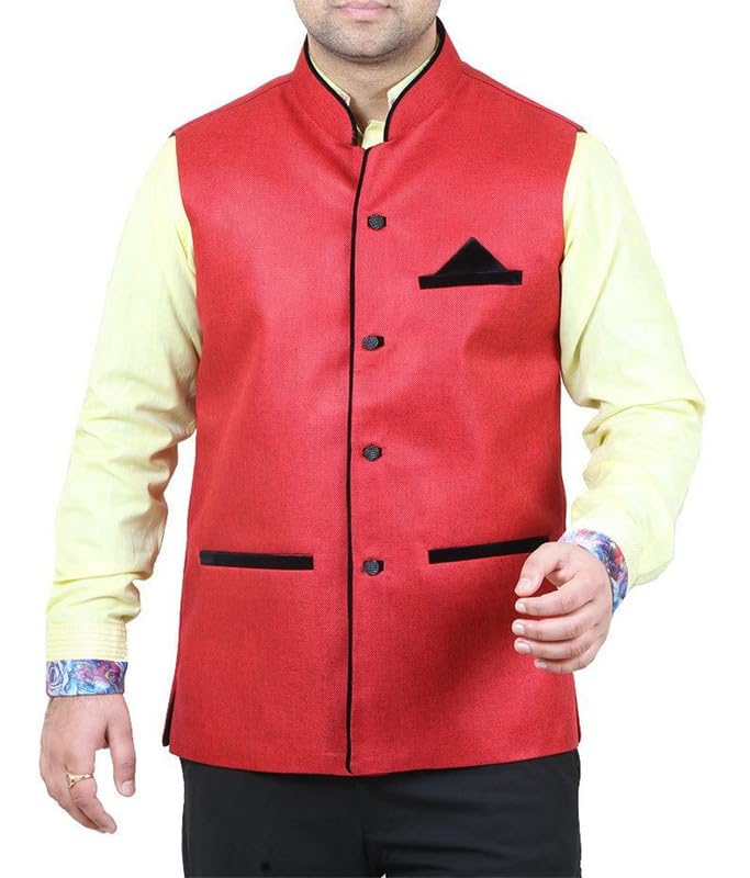 RANMUK Men's Jute cotton Modi/Nehru Coat Red (XL)-picture-18