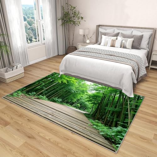 Tapis lavable vert olive à poils courts motif forêt dense antidérapant - 4