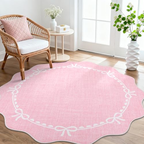 GarveeHome 6ft Round Rugs Washable Scalloped Bow Rug for Bedroom, Pink