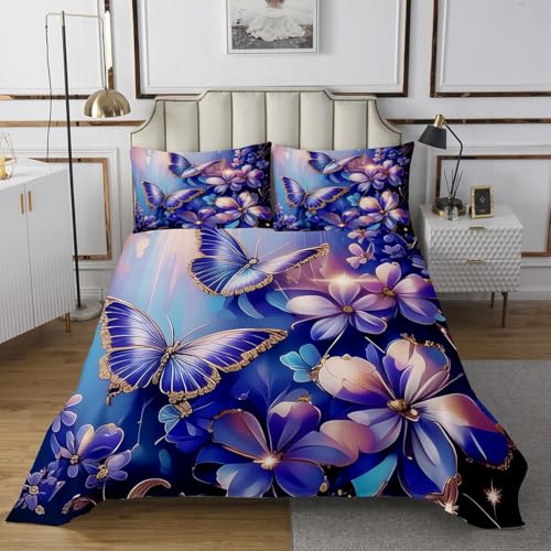 Erosebridal Blue Purple Butterfly Quilt Set Queen Chic Floral Bedspread Set for Kids Boys Girls Modern Abstract Aesthetics Bedspread Sets Elegant Watercolor Flowers Coverlet Set