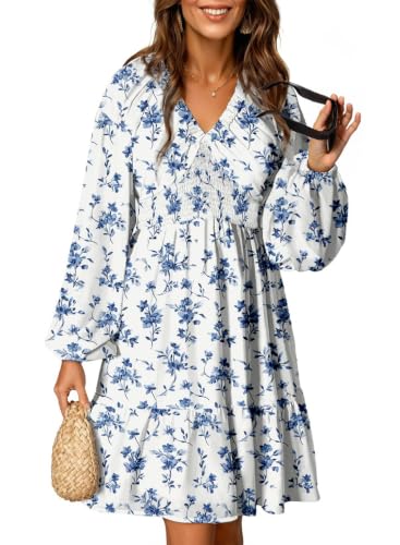 Image of Dokotoo Womens Dresses Boho Floral V Neck Long Sleeve Smocked Elastic Waist Casual A-Line Mini Dress Sundress