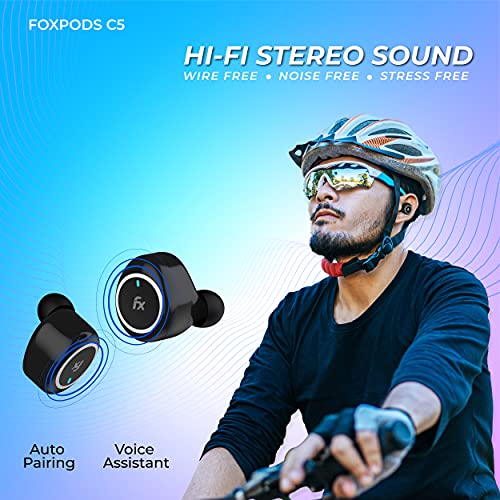 Image of Foxin FoxPods C5 TWS Earbuds with in-Built HD Mic, Bluetooth V5, 10mm Driver, up to 12H Playtime with 1 Hour Charging Time & 120 Hours of Standby-time, with Voice Assistant, Snug & Secure Fit (Black)