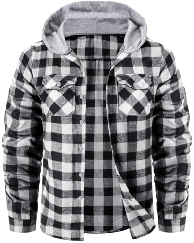 Image of Cromoncent Men Flannel Hoodie Plaid Button Down Jacket Long Sleeve Shirts