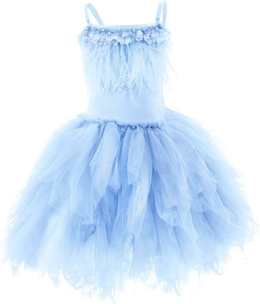 Swan Princess Feather Fringes Tiered Tutu Tulle Flower Girls Dress Wedding Ballerina Dance Pageant Birthday Party Prom Gown