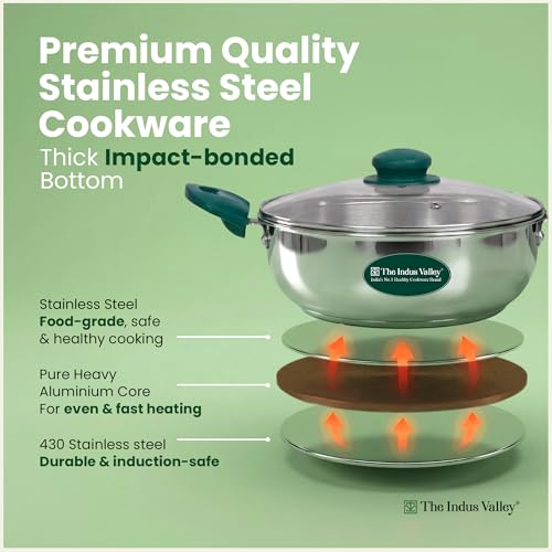 Image of The Indus Valley Stainless Steel Impact Bonded Bottom Kadai (22cm) + Fry Pan (22cm) with Glass Lid | Green Bakelite Handle | Kitchen Cooking Combo Pots & Pans Set of 2 | Induction Compatible