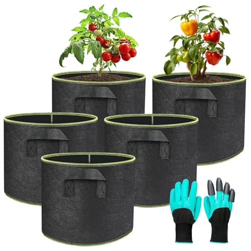 5 Pack Bolsa de Cultivo con Asas, Ø40x30cm - Maceta de tela 38L, Bolsas de Tela no Tejida para Plantas, Patatas, Tomates, Zanahoria, Flores, Guantes de Jardinería, Reutilizable y Lavable (5 Galones)