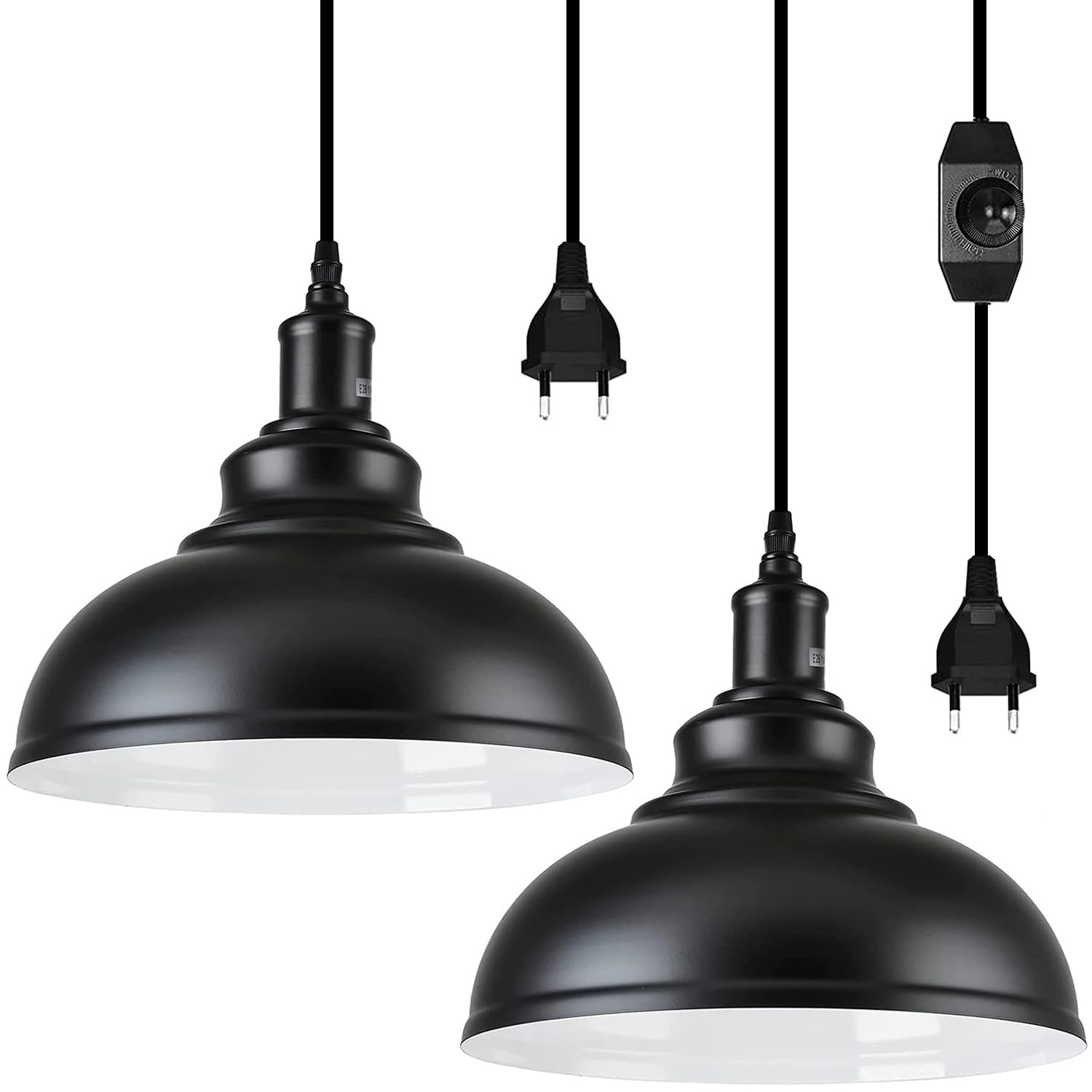 Hängelampe mit Stecker, 2 Stück Dimmbar Vintage Pendelleuchte mit 4.5m Kabel & Dimmer Schalter, E27 Lampefassung Schwarz Metall Hängeleuchte für Outdoor & Innen Küche Garten Balkon Terrasse, Ø 26CM