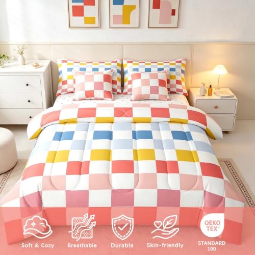 Image of Feelyou Multicolored Checkered Retro Comforter Set with Sheets 7 Piece Full Size Geometric Cute Bed in a Bag Kids Boys Girls Colorful Bedding Set Modern Groovy Aesthetic Bedroom Decor Breathable Soft