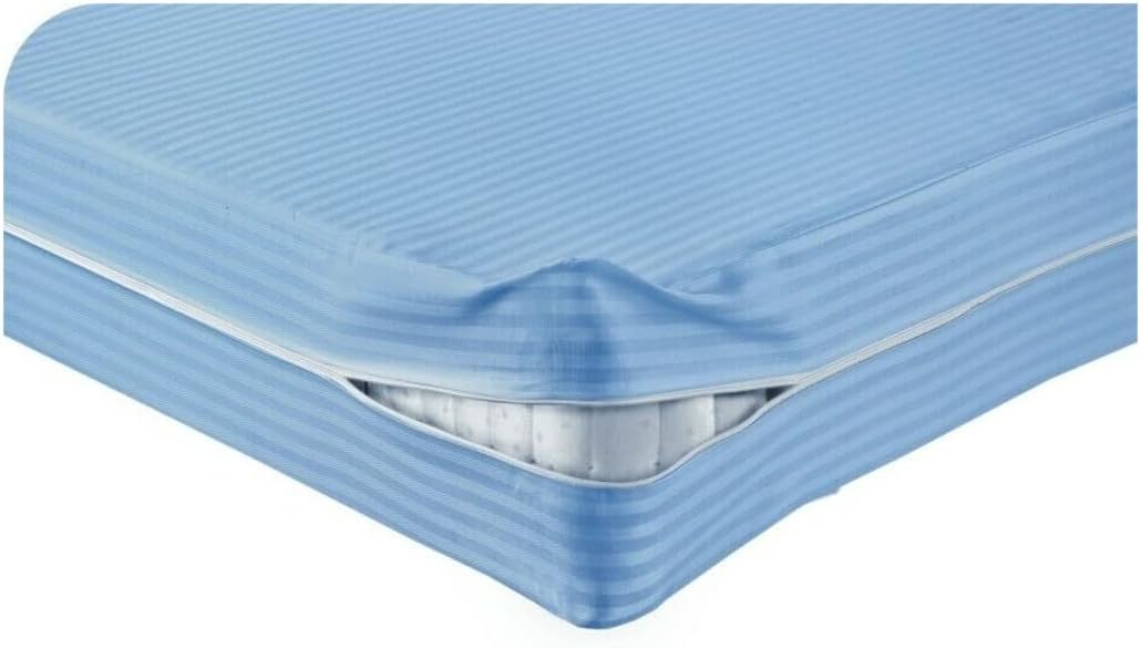 Luxury Stripe Mattress Protector, Easy Care Anti Bed Bug & Dust Mite Polycotton Breathable Zipped Mattress Encasement 30cm Deep Zipper Cover All Round Protection, (Blue-SINGLE)