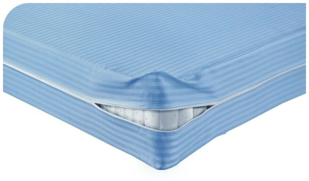 Luxury Stripe Mattress Protector, Easy Care Anti Bed Bug & Dust Mite Polycotton Breathable Zipped Mattress Encasement 30cm Deep Zipper Cover All Round Protection, (Blue-SINGLE)