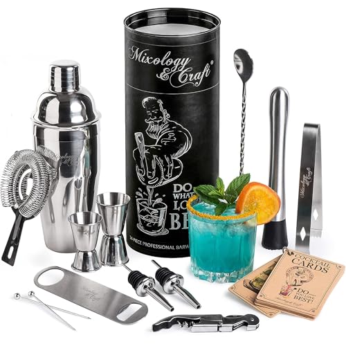 Mixology & Craft All-in-One Stainless Steel Cocktail Shaker Kit with 24 oz Cobbler Shaker, Includes Strainer, Muddler, Spoon, Jiggers, Pourers, Picks, Tongs, Bottle Opener - Gift-Ready Package Tube