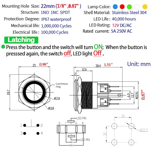 Zjwzjh J22-271/J22-371 22Mm Latching Push Button Switch 12V Dc/Ac Spdt thumb #1