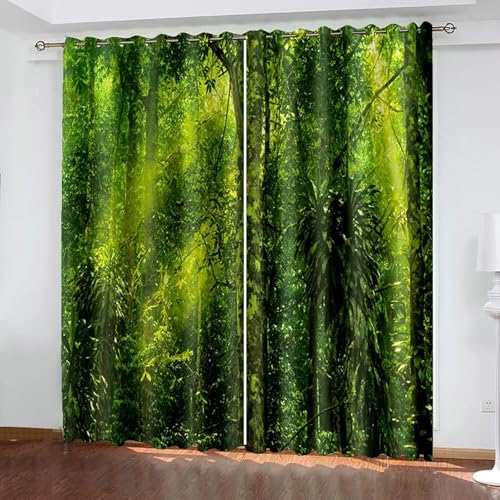 Beydodo Cortinas Opacas 2 Piezas 132cm Ancho, Paisaje de Árboles, Cortinas Terraza Modernas con Ojales, (Verde, 132x183cm)