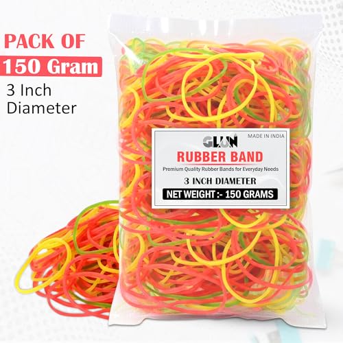 Image of GLUN 3 Inch Multicolour Rubber Band 150 Gram Pack, Fluorescent Multicolor, Strong & Stretchable for Home, Office & Kitchen Use