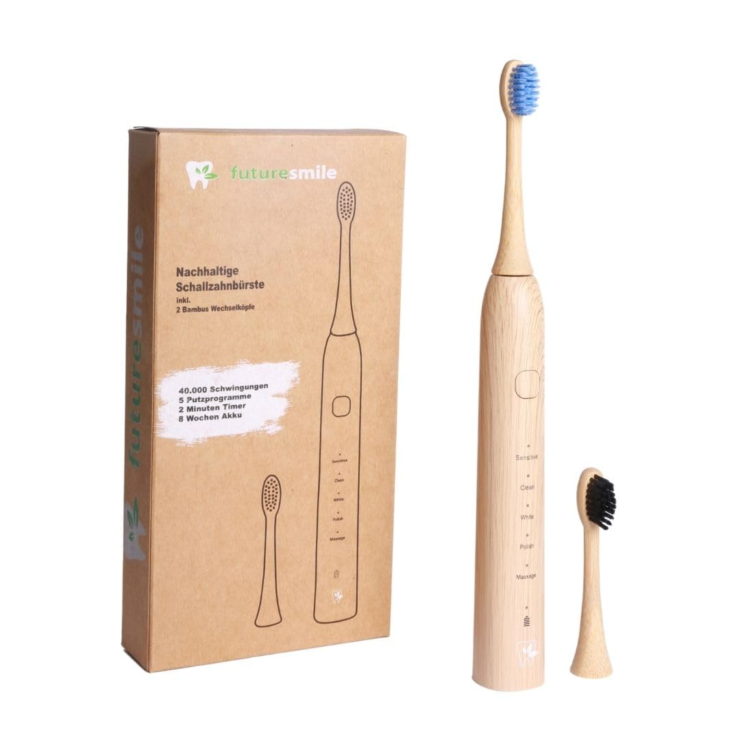 Cepillo de dientes sónico LULA: eficaz eliminación de placa y limpieza suave. Incluye 2 cabezales de cambio de bambú sostenibles, carga rápida con USB-C para hasta 8 semanas de duración de la batería.