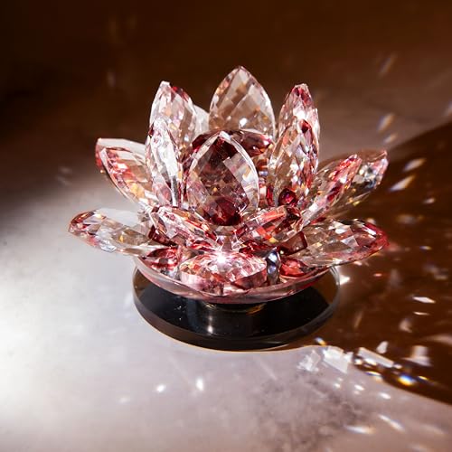 Image of Feng Shui Crystal Lotus Flower Showpiece & Paper Weight | Vastu Decor for Home & Office | Desk Decoration | Fengshui Items for Positive Energy, Wealth & Gifting | Red (Small-8.5 x 5.5 CM)