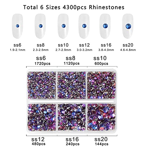 Beadsland 4300pcs Flatback Rhinestones,Purple Rhinestones Nail Gems Round Crystal Rhinestones for Crafts,Mixed 6 Sizes with Picking Tweezers and Wax Pencil Kit - Image 3