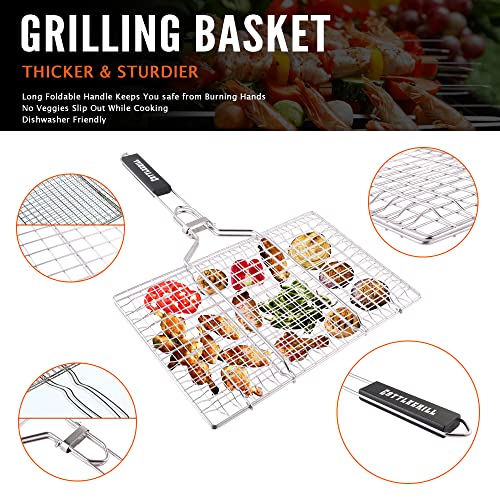 Cattlegrill Foldable Bbq Fish Grill Basket With 430 Stainless Steel, Grill Set Includes: A Reusable Grill Mat And A Basting Brush. #TOP1