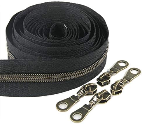 Leekayer #5 Antique Brass Metallic Nylon Coil Zippers by The Yard Bulk 10 Yards Black Tape with 25pcs Brass Sliders for DIY Sewing Tailor Craft Bag(Black)