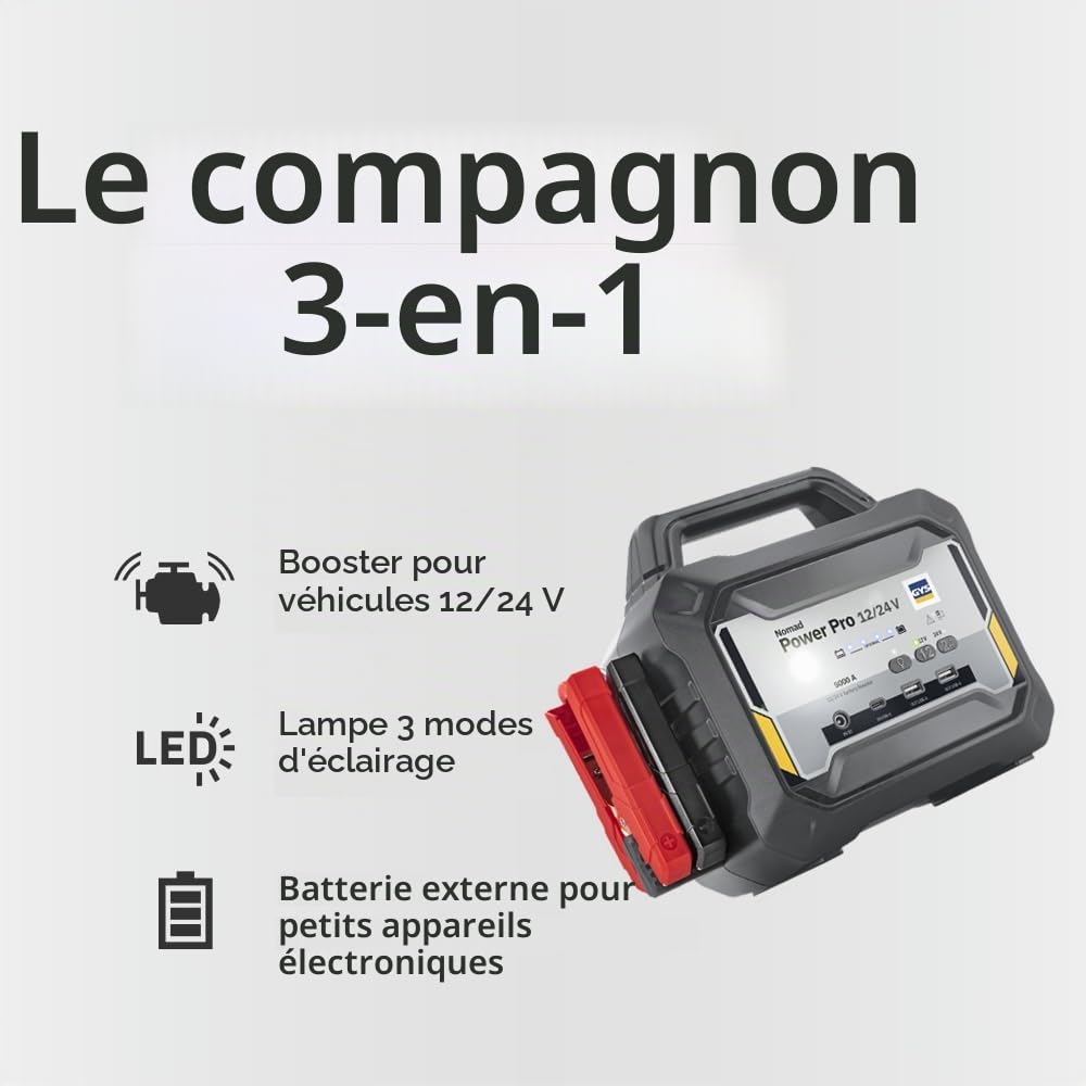 GYS, Nomad Power Pro 12/24V, Démarreur/Booster Batterie Lithium Portable 5000A, Véhicules 12/24V (Moto, Voiture, Camion), Démarrage Sécurisé, Batterie Externe 19,5Ah (PowerBank), Lampe LED