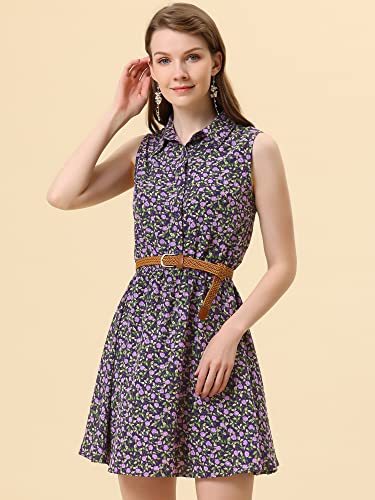Image of Allegra K Women's Floral Printed Half Placket Above Knee Summer Sleeveless Belted Dress