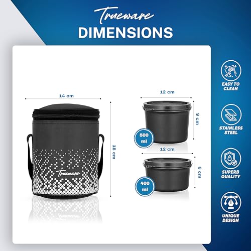 Image of Trueware Omaga Lunch Box with Insulated Fabric Jacket, 2 Microwave Safe & Leak Proof Inner Stainless Steel Containers (1 X 400ml & 1 X 500ml) Tiffin for Office, College