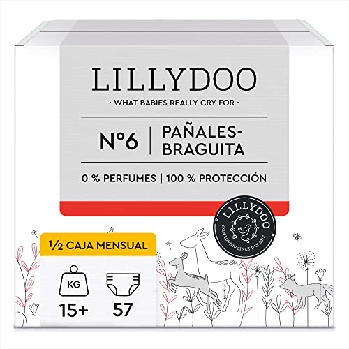 Pañales-braguita hipoalergénicos LILLYDOO, talla 6 (15+ kg), 3 paquetes de 19 pañales braguita (57 pañales)