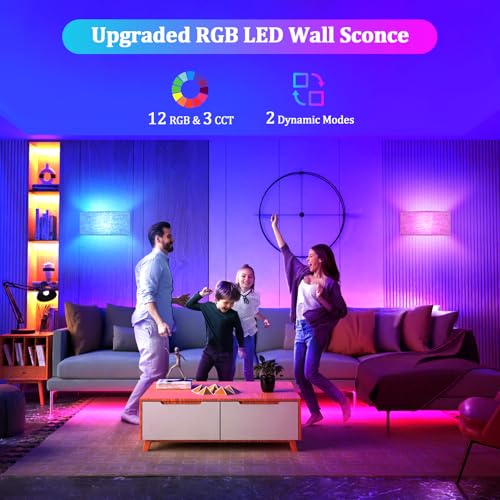 Image of VerRon Battery Operated Wall Sconces Set of 2 with Remote and Fabric Shade | 15 Color Changeable, Dimmable, Wall Mounted Lamps with Magnetic Bulbs for Bedroom Living Room Hallway, Rectangular Lampshade
