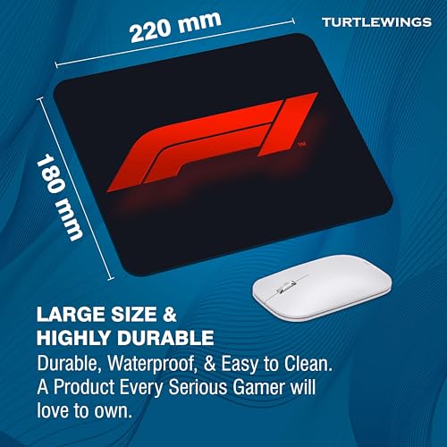 Image of TURTLEWINGS | Mousepad | Formula One F1 Race Car on Track Mousepad - 22x18 cm, 3mm Thick | Dynamic Print Non-Slip Rubber Base | Office, Study & Gaming Use | Premium Smooth Surface (F1 Logo)