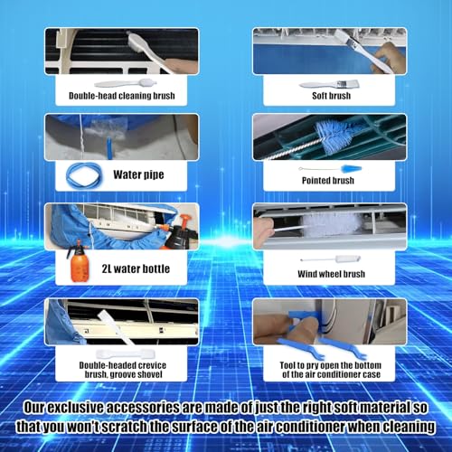 Kikepilm 12-teiliges Reinigungsset für Split-Klimaanlagen，mit 2-Liter-Flascheklimaanlage reinigungsset，wandmontiertes Reinigungsset für Klimaanlagen(Glasblau, Groß)