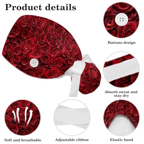 Image of Red Blooming Rose Flowers Black Working Cap with Scrunchy and Ribbon Tie for Women, Long Hair