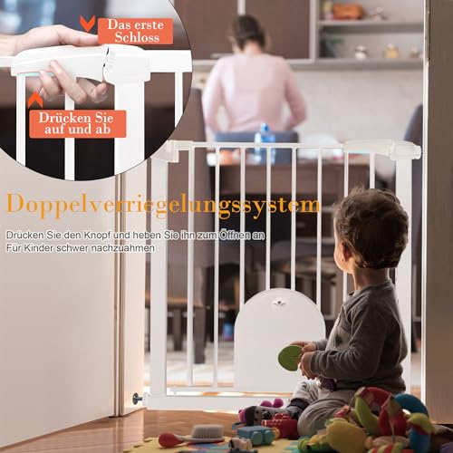Aufun Treppenschutzgitter Türschutzgitter Kinder ohne Bohren, für 75-85 cm breit, Türgitter mit Druckbefestigung, selbstschließend, Metall Gitter, Hundesicherheitsgitter mit Katzenklappe (Weiß)