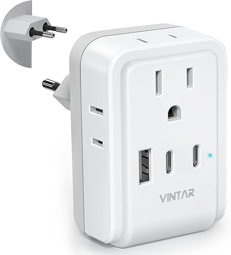 1 adaptador de enchufe europeo de viaje, adaptador VINTAR Europe con 4 salidas de CA, 3 puertos USB (2 USB C), adaptador de corriente internacional