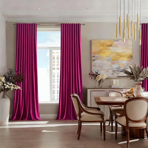 Image of 100% Full Blackout Hot Pink Velvet Curtains - 90 inch Long for Living Room & Bedroom, Set of 2 Liner Rod Pocket Back Tab Thermal Window Curtains, Room Darkening Heavy Decorative Drapes