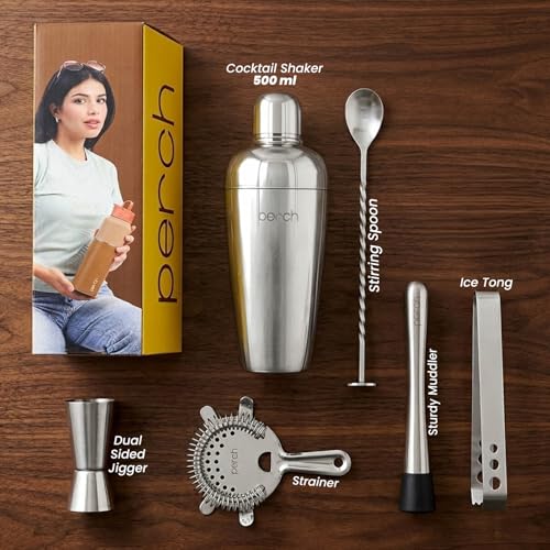 Image of O' Holic by Perch Craft 6-Piece Stainless Steel Bartender Kit|Premium Cocktail Shaker Set with Jigger 30 /60ml, Spoon,Ice Tong, & Bar Tools|Professional Bar Set for Home &Tour Parties|Silver
