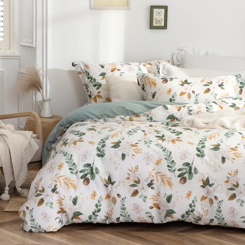 MILDLY Housse de Couette 220x240 Coton avec Motif Fleurs, 100% Coton Lavé, Certifié Oeko-TEX, Vert Sauge Motif Fleurs Parure de Lit 2 Personnes 220x240 Coton...