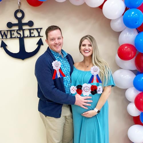 Image of Navigation Gender Reveal Maternity Sash Kit, Blue White Nautical Baby Shower Belly Belt and Mom to Be Dad to Be Corsage Pins, New Parent Pregnancy Announcement Photo Props Party Supplies