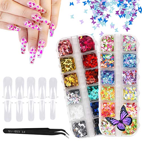 24 Boxes Glitter Holographic Butterfly, JUSTDOLIFE 3D Butterfly Nail Glitter Sequins 100PCS Coffin Nails Long Fake Acrylic Nails With Tweezers and Glitters DIY Manicure Makeup Decorations