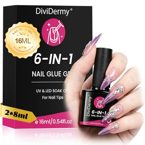 2X8ml Colle Faux Ongles UV 6 en 1 Professionnelle, Colle Capsule Extra Forte et Transparente, 2X8ml Gel Capsule Ongle pour Pose Américaine Gel, Colle Faux...