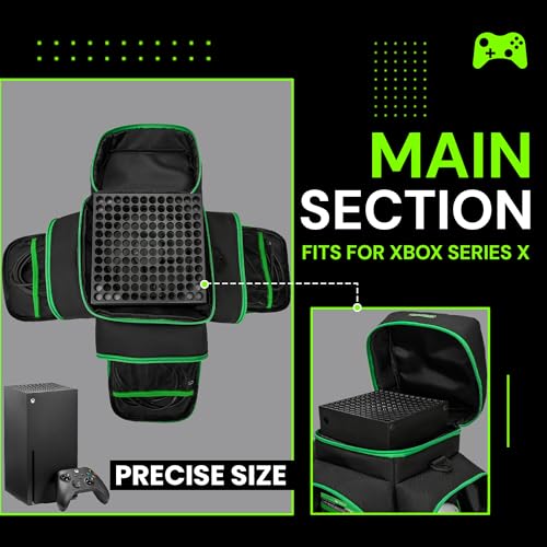Image of CROTIRAD Carrying Case Compatible with Xbox Series X, Travel Bag with Multiple Storage Pockets for Xbox Controllers, Headset, Game Discs, Cables and Other Accessories, Green Zip