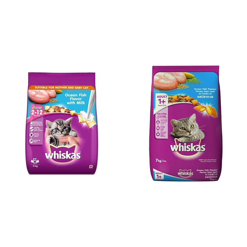 Whiskas Kitten (2-12 Months) Dry Cat Food, Ocean Fish Flavour with Milk, 3 Kg Pack & Adult (+1 Year) Dry Cat Food, Ocean Fish Flavour, 7Kg Pack (B08KVCRPM1) Amazon Price History, Amazon Price Tracker