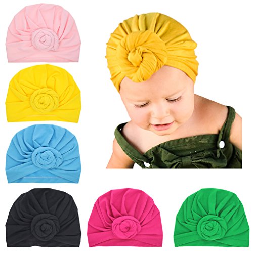 Girls Baby Cotton Cloth Turban Kont Toddler Tabbit Ear Hat Kids Set Head Cap Baby Hats (Medium, A2-6 Pack Blue&Black&red&Yellow&Green&Pink)