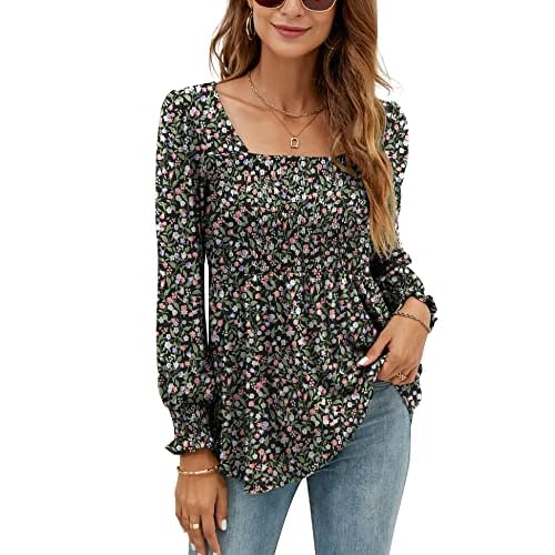 LOMON Blouses for Women Puff Long Sleeve Shirts Square Neck Casual Smocked Tunic Tops 2024 Spring Fall Winter Clothes S-XL Black Base Pink Floral Long Sleeve Shirts Small