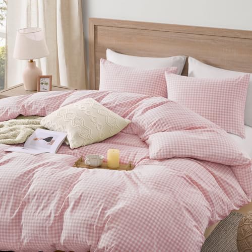 Image of Andency Pink Gingham Duvet Cover King, 100% Wash Cotton Linen Like Textured Breathable Comforter Cover Set, 3 Piece Blush Classic Yarn-Dyed Checkered Plaid Bedding Set, 104 inch*90 inch