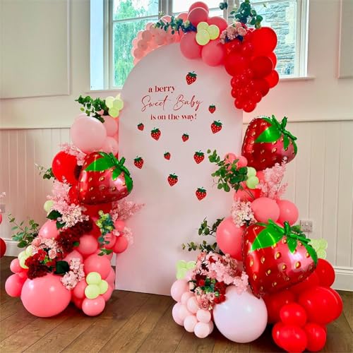 Image of JOGAMS 178Pcs Strawberry Balloon Arch Garland Kit with Pastel Orange Strawberry Foil Red Polka Dot Balloons for Berry First Sweet One Strawberry Theme Birthday Baby Shower Party Decorations for Girls